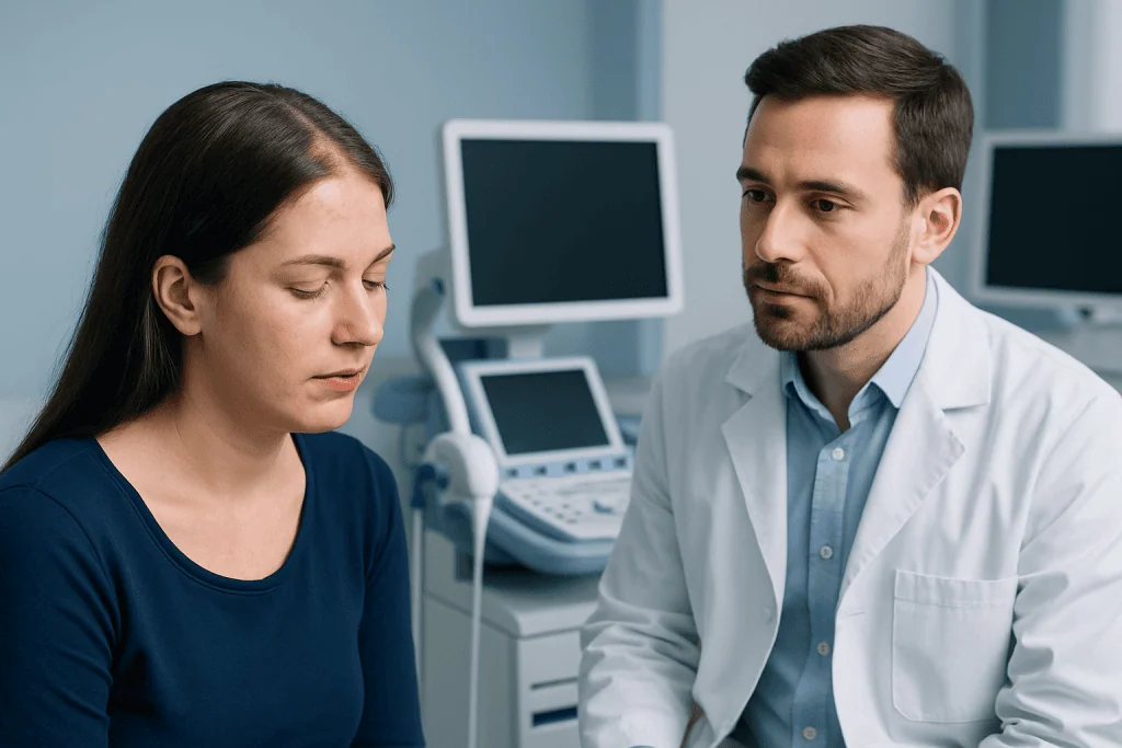 Doctor consulting female patient in a medical office setting.