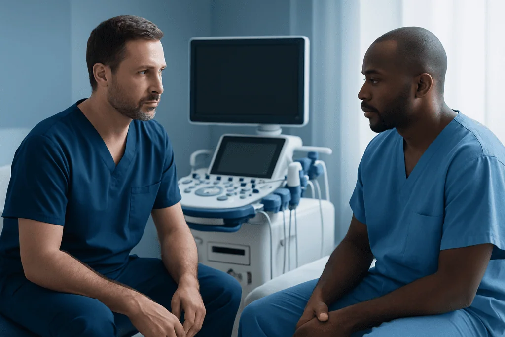Doctors discussing patient care in a medical consultation room.