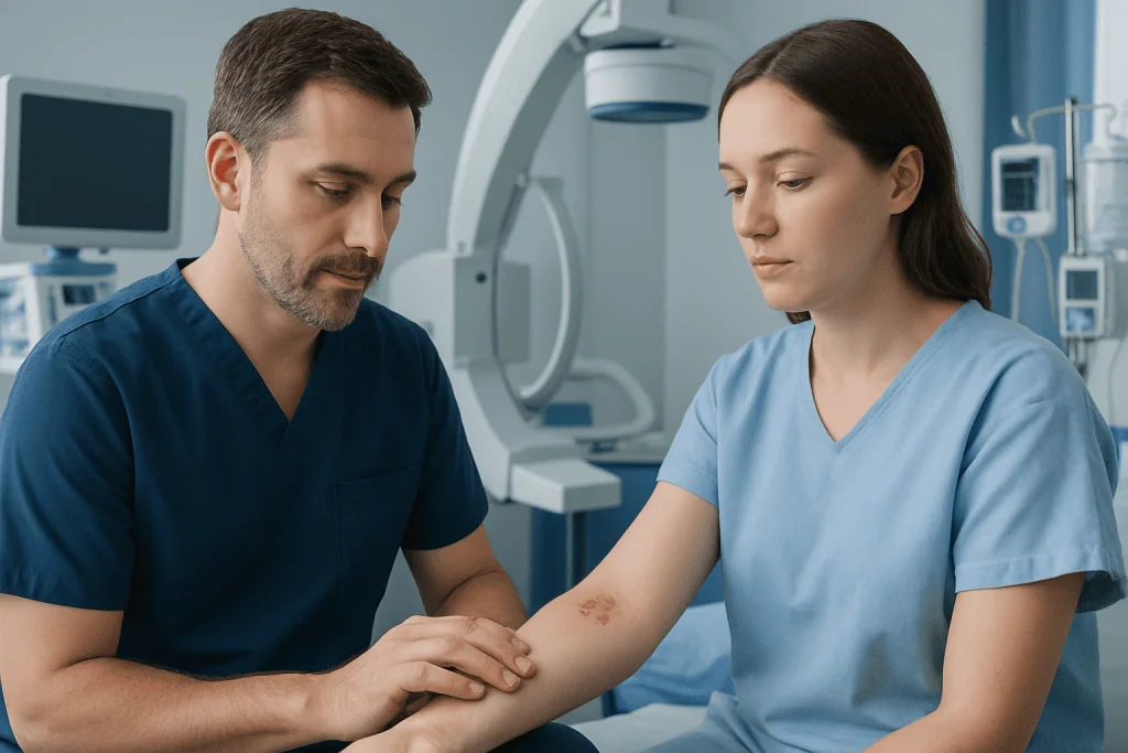 Medical professional examining a patient's arm in a hospital setting.