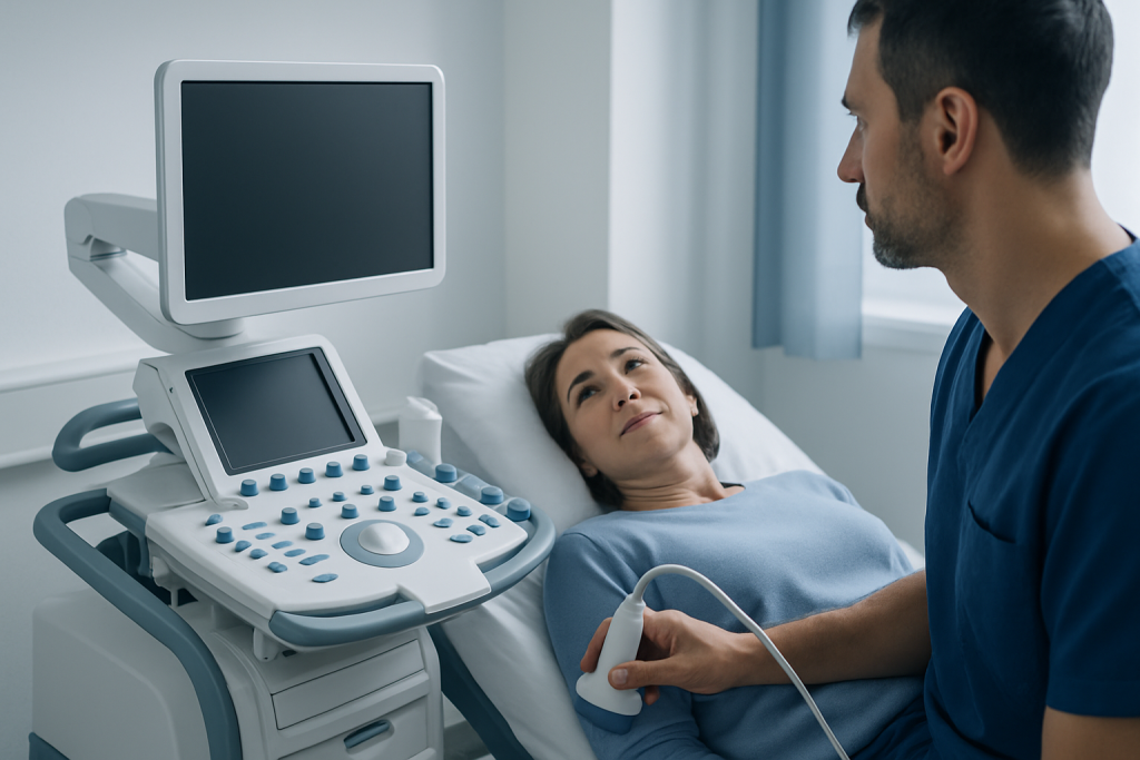 Doctor performing an ultrasound scan on a patient in a hospital room.