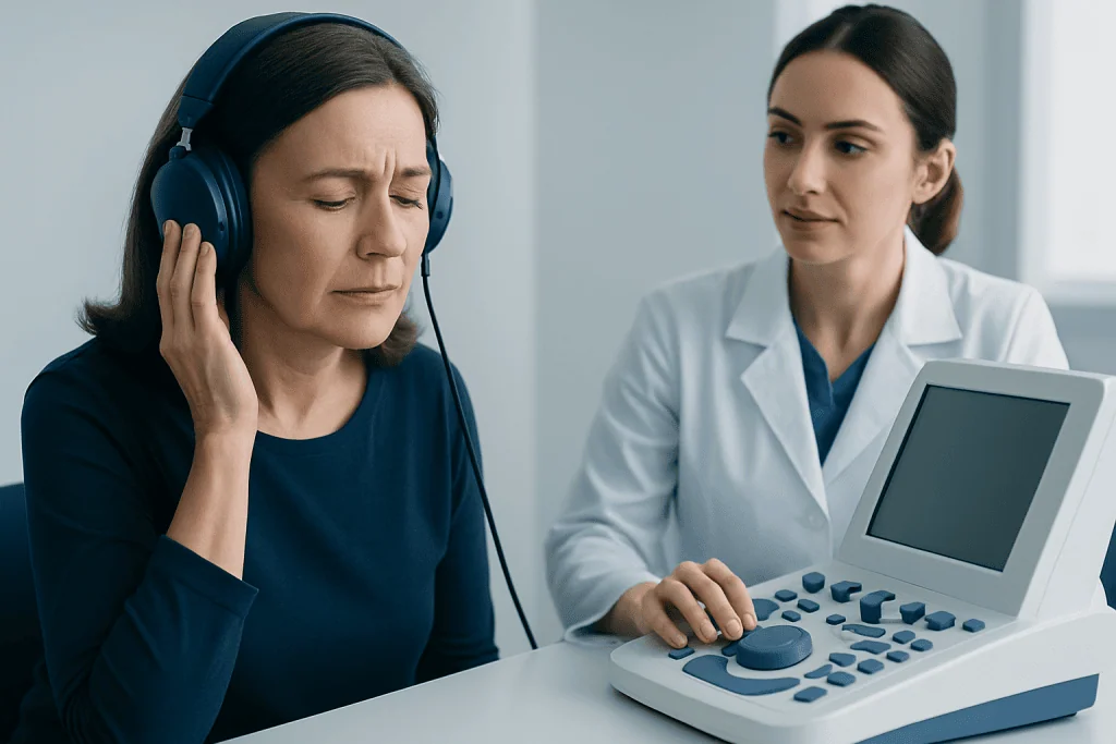 Patient undergoes hearing test with audiometer at Acibadem Hospital.