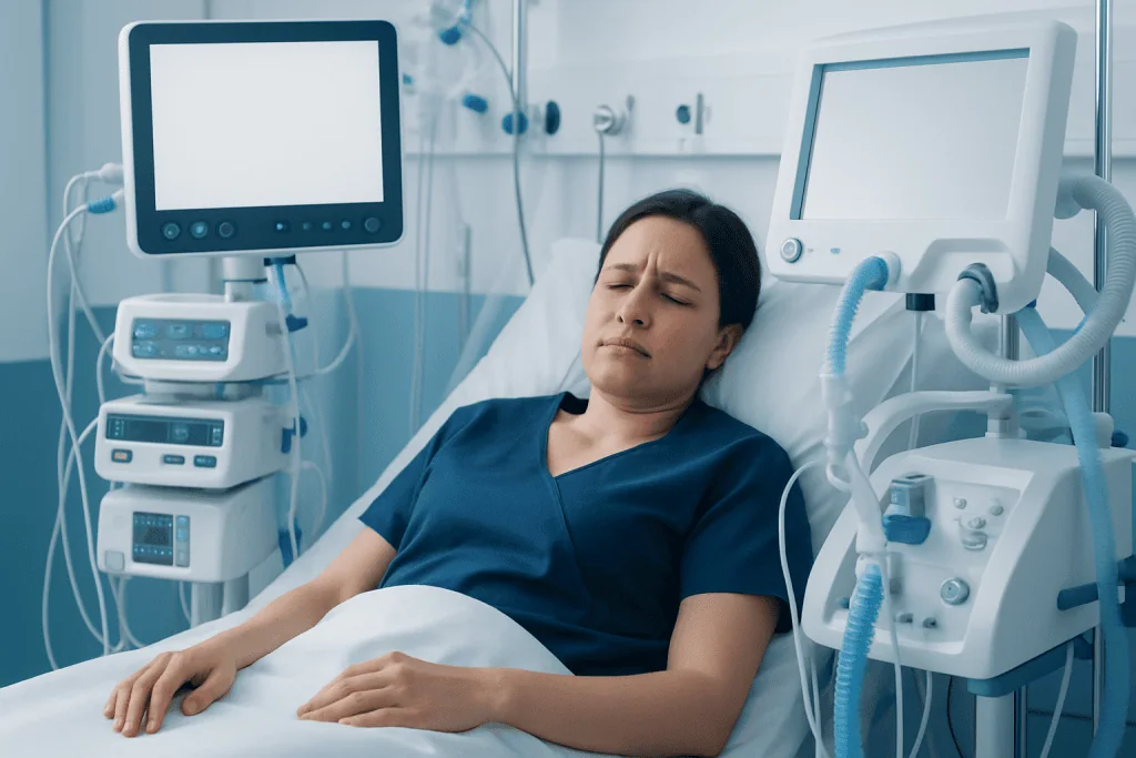 Patient in hospital bed connected to medical monitoring equipment.