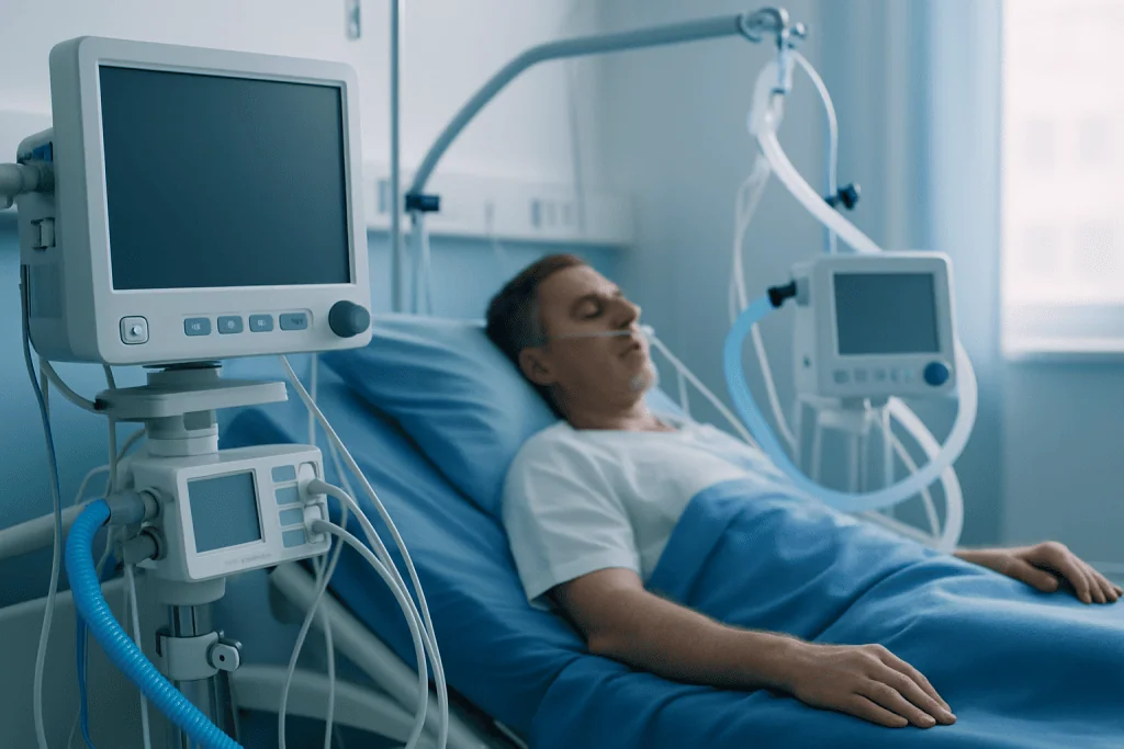Patient in ICU connected to medical ventilator and monitors.