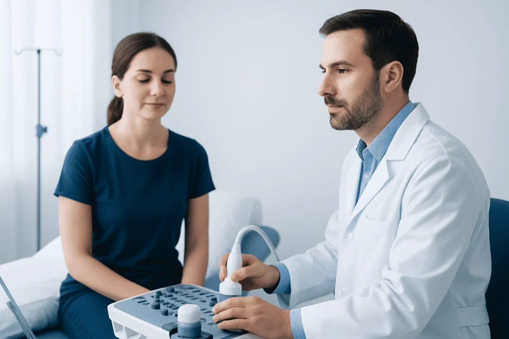 Doctor performing an ultrasound examination on a female patient in a hospital room.