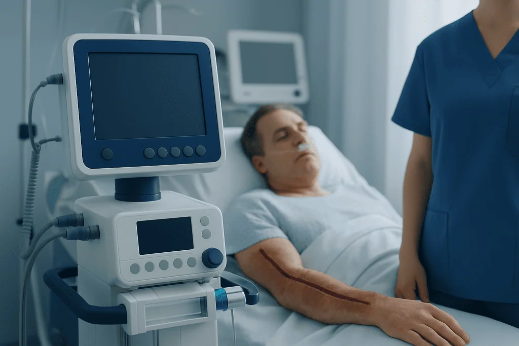 Patient in hospital bed connected to medical monitoring equipment.