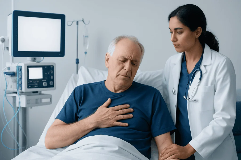 Senior man experiencing chest discomfort in hospital with nurse.