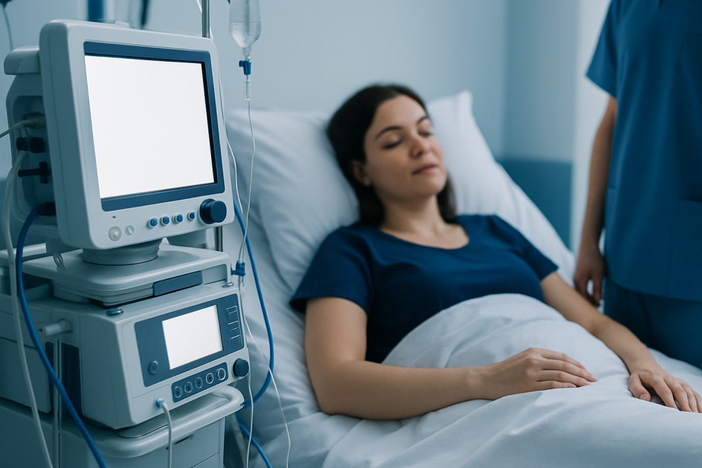 Patient in hospital bed connected to medical monitoring equipment.