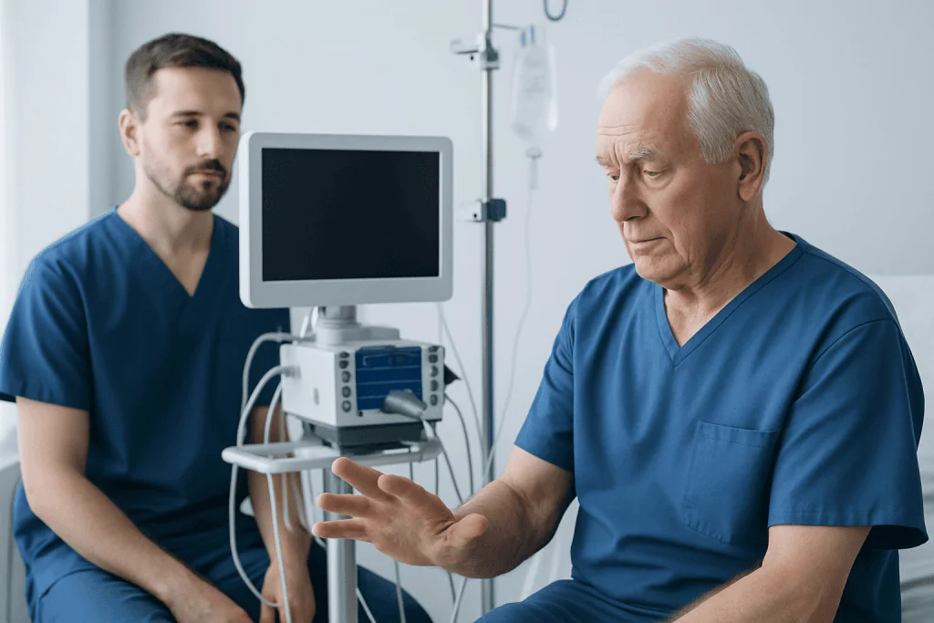 Doctor examining an elderly patient's hand in a hospital setting.