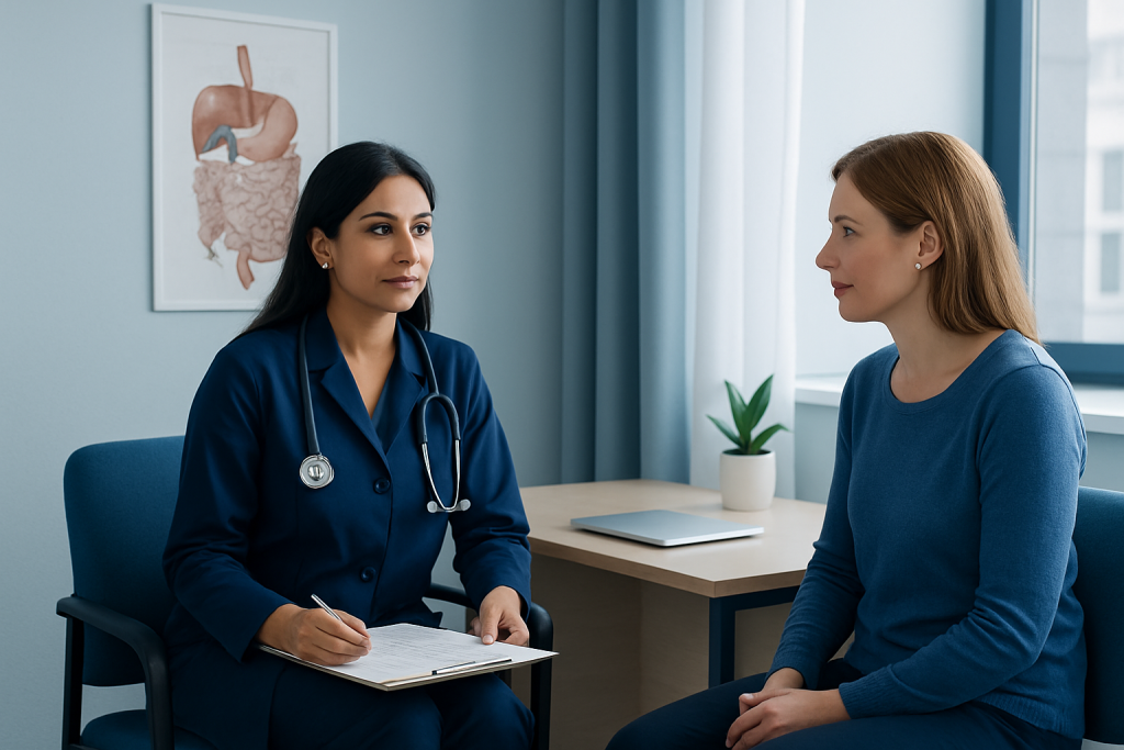 Doctor consulting with a patient in a medical office setting.