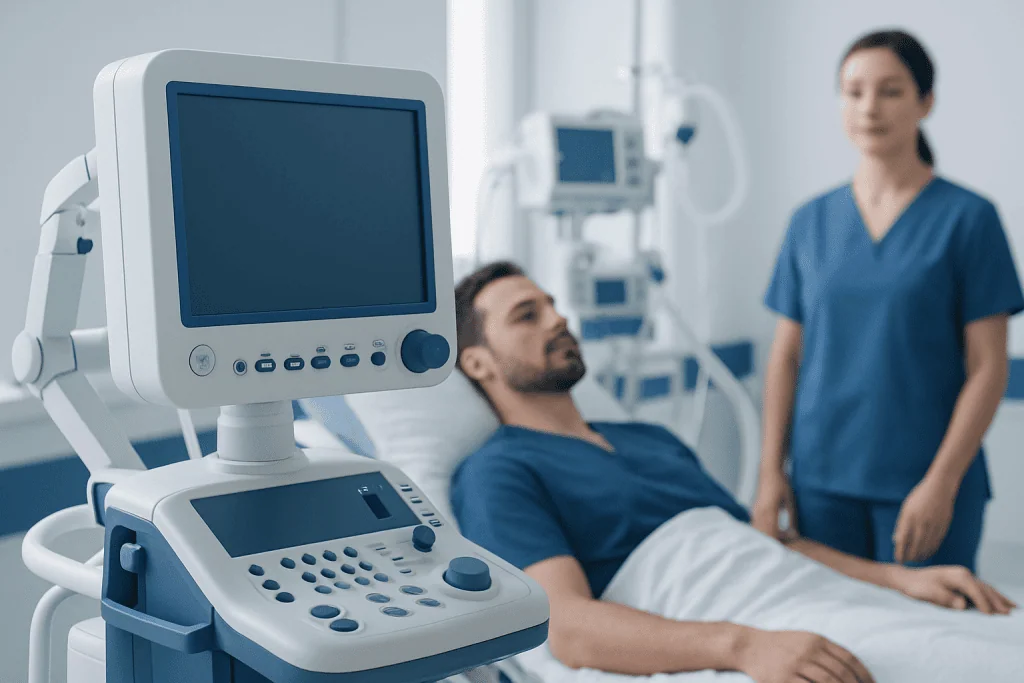 Hospital room with patient and nurse near medical equipment.