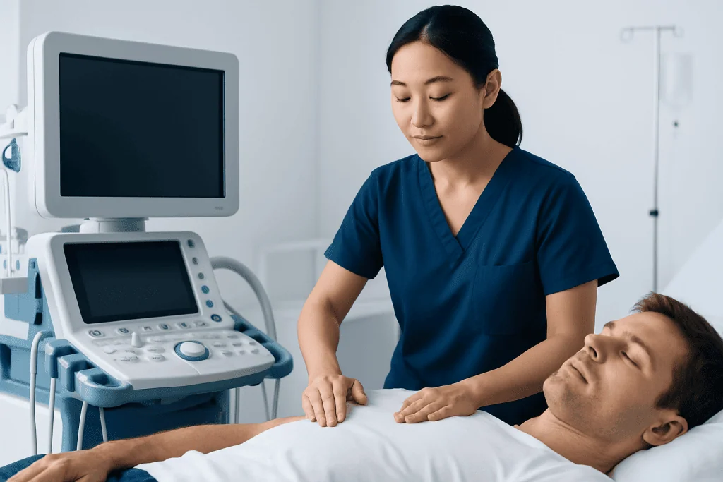 Healthcare professional performing a medical examination on a patient in a hospital room.