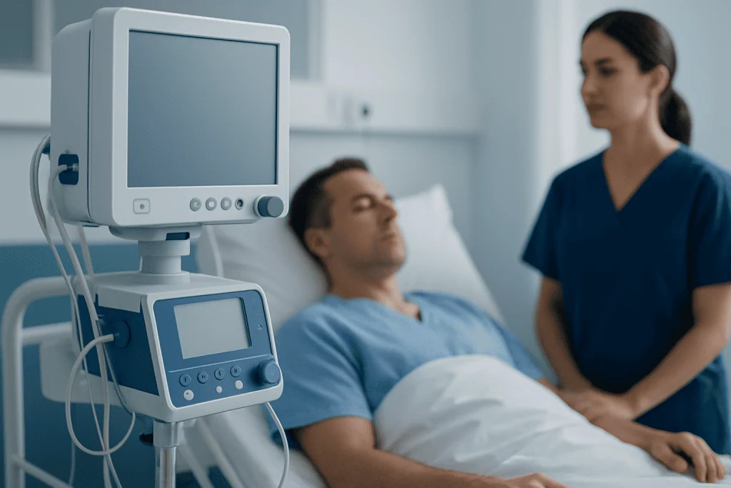 Hospital patient in bed with medical monitor and nurse nearby.