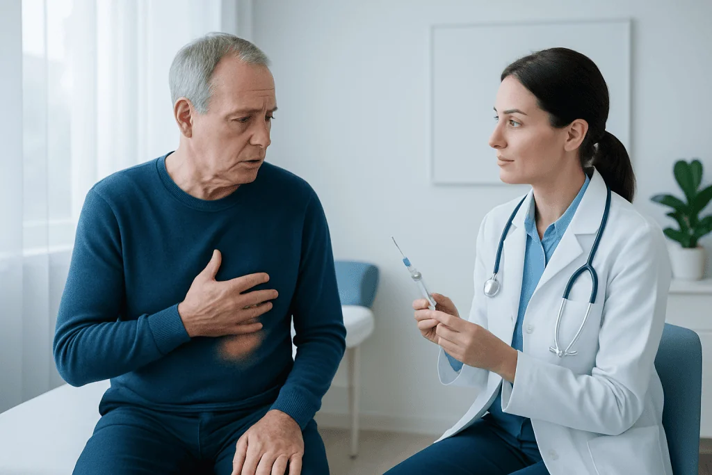 Doctor explaining vaccination to elderly patient in clinic.