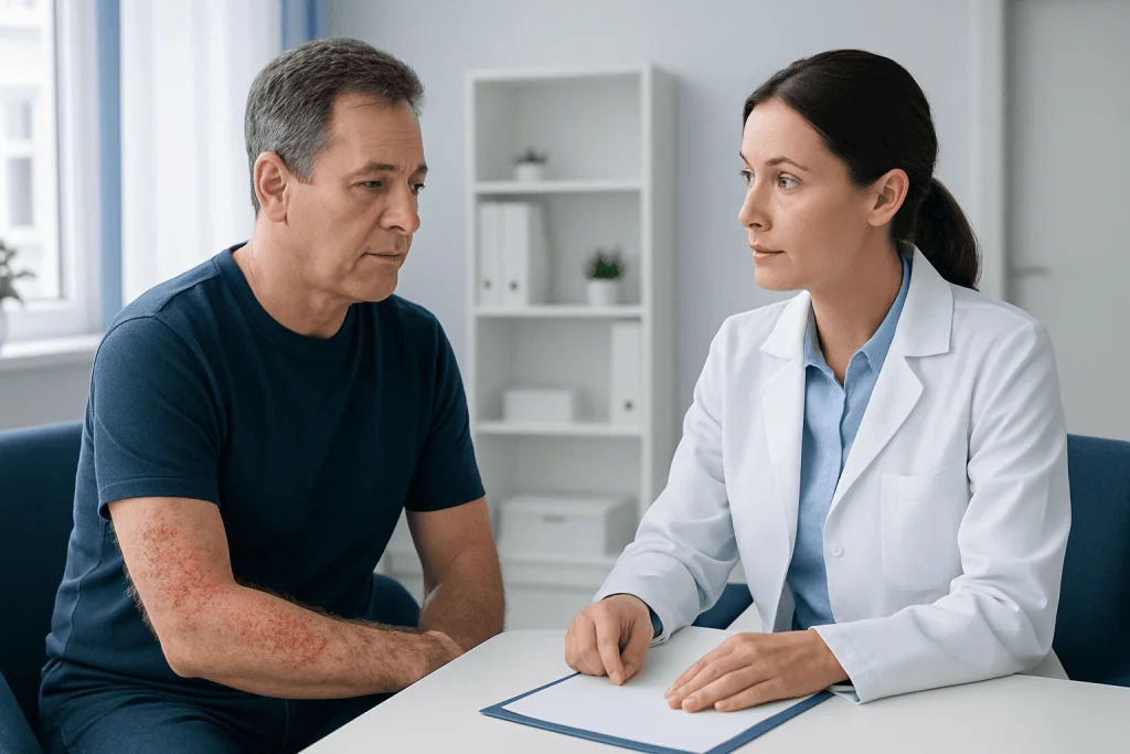 Doctor consulting with patient about shingles symptoms and skin rash.