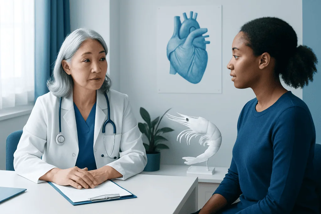 Doctor consulting patient about heart health in a medical office.