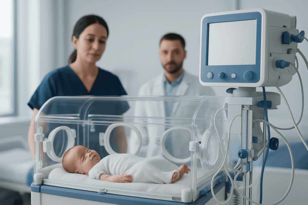 Newborn baby in incubator at Acibadem Hospital with medical staff nearby.