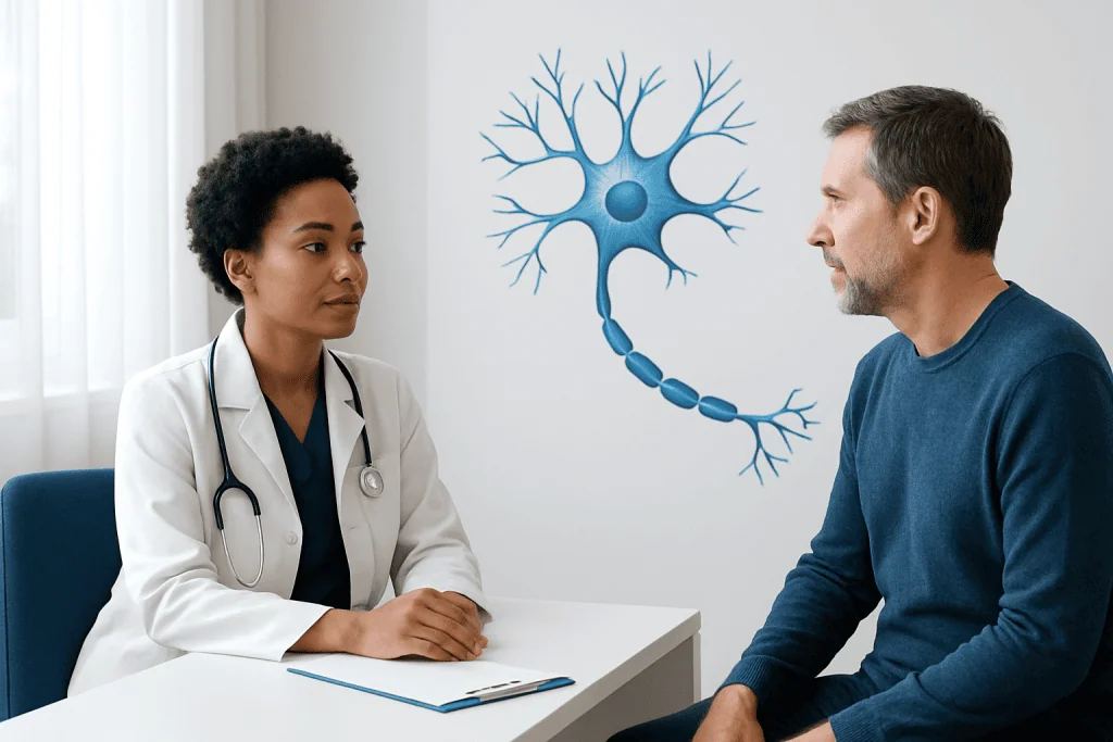 Doctor consulting with patient about neuron diagram in clinic.