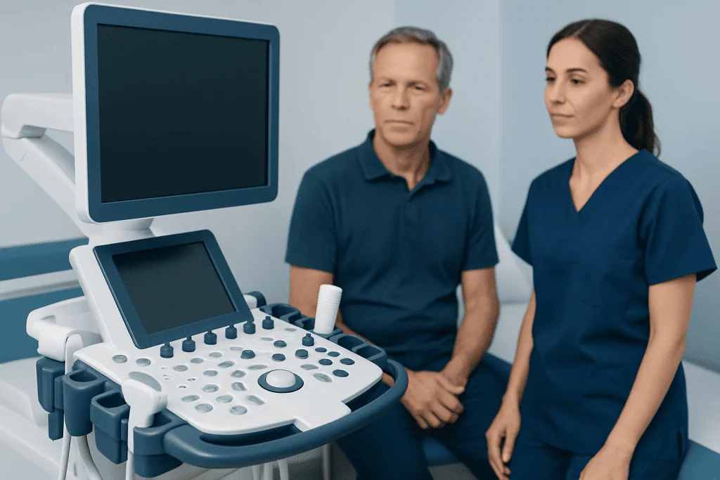 Medical ultrasound machine with patient and healthcare professional in clinic.