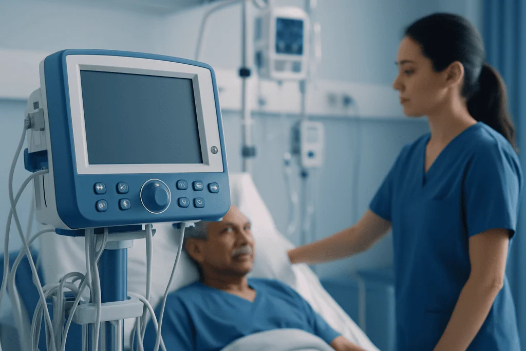 Medical professional monitoring patient in hospital setting.