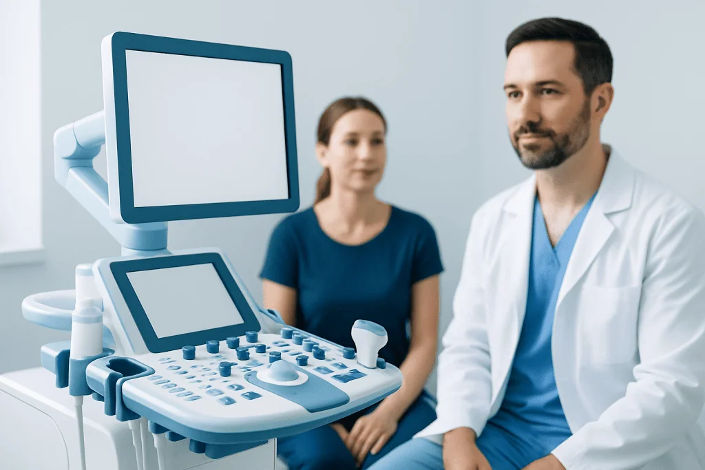 Medical ultrasound machine with doctor and patient in clinic setting.