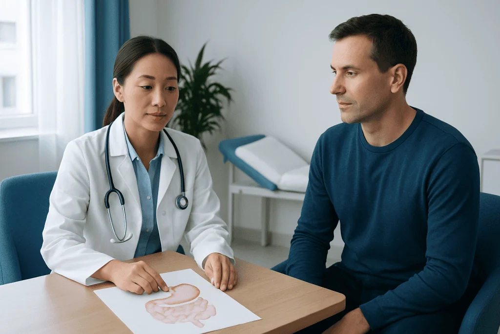 Doctor explaining gastrointestinal health to male patient in clinic.