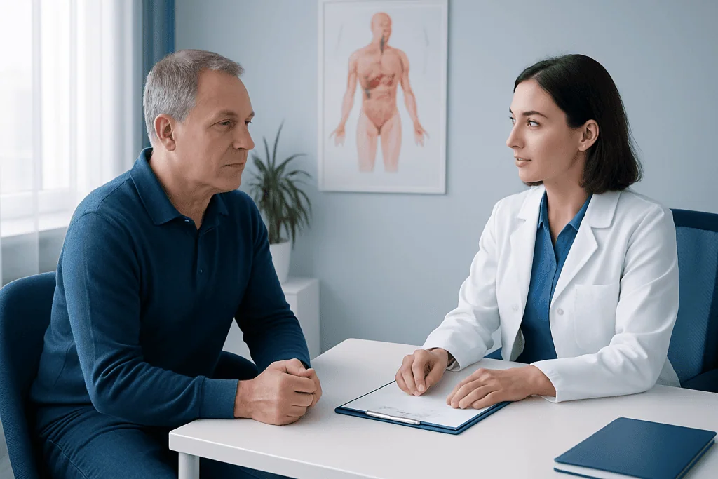 Doctor consulting with a male patient in a medical office.