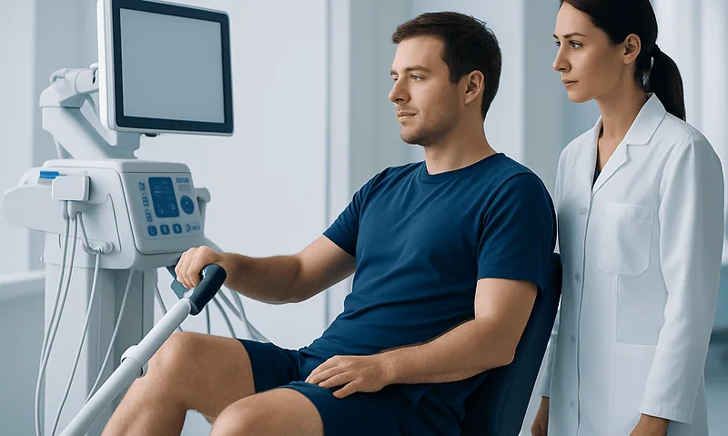 Patient undergoing medical examination with ultrasound device at Acibadem Hospital.