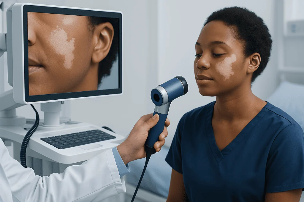 Doctor examining skin discoloration on patient's face with a dermatoscope.