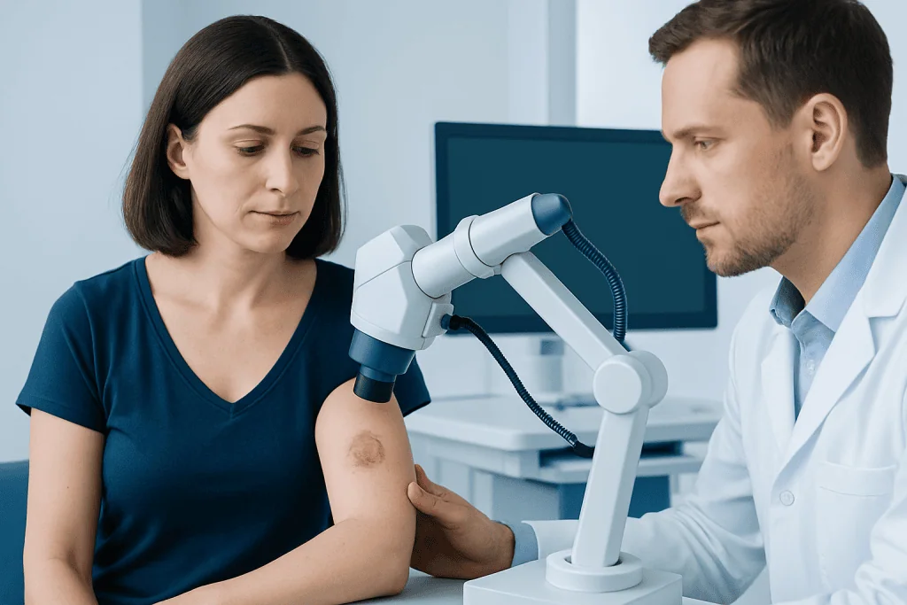 Dermatologist examining skin lesion with a microscope at a hospital.