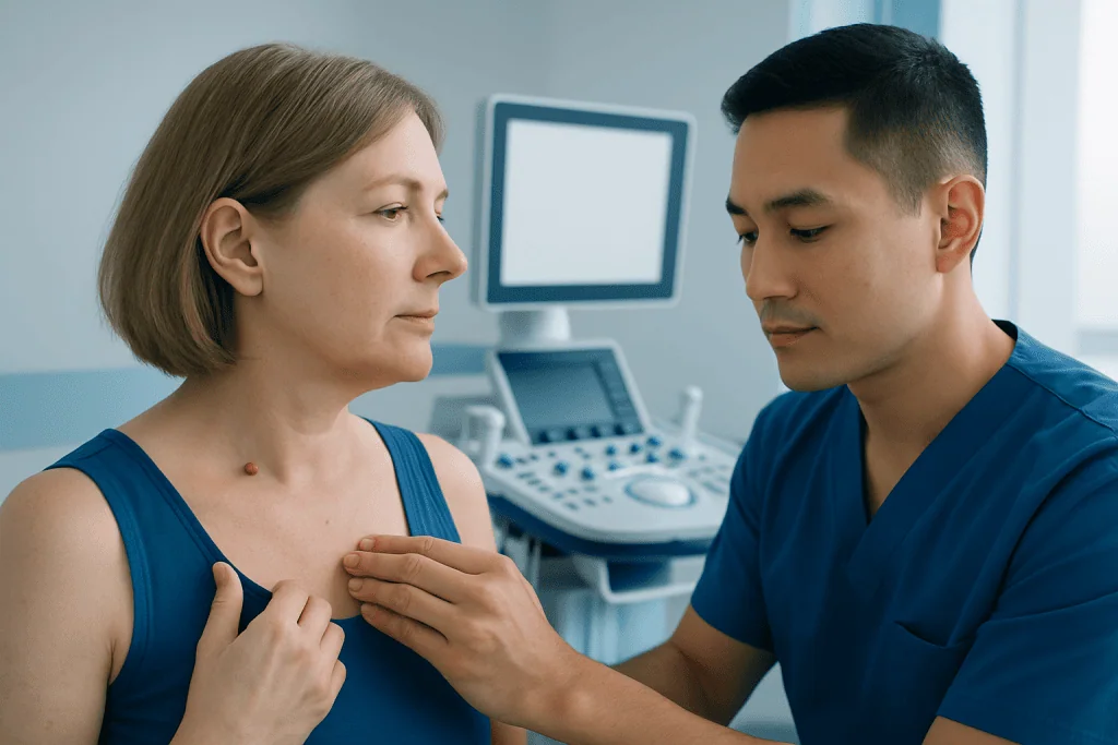 Doctor examining a woman with a skin concern in a medical clinic.