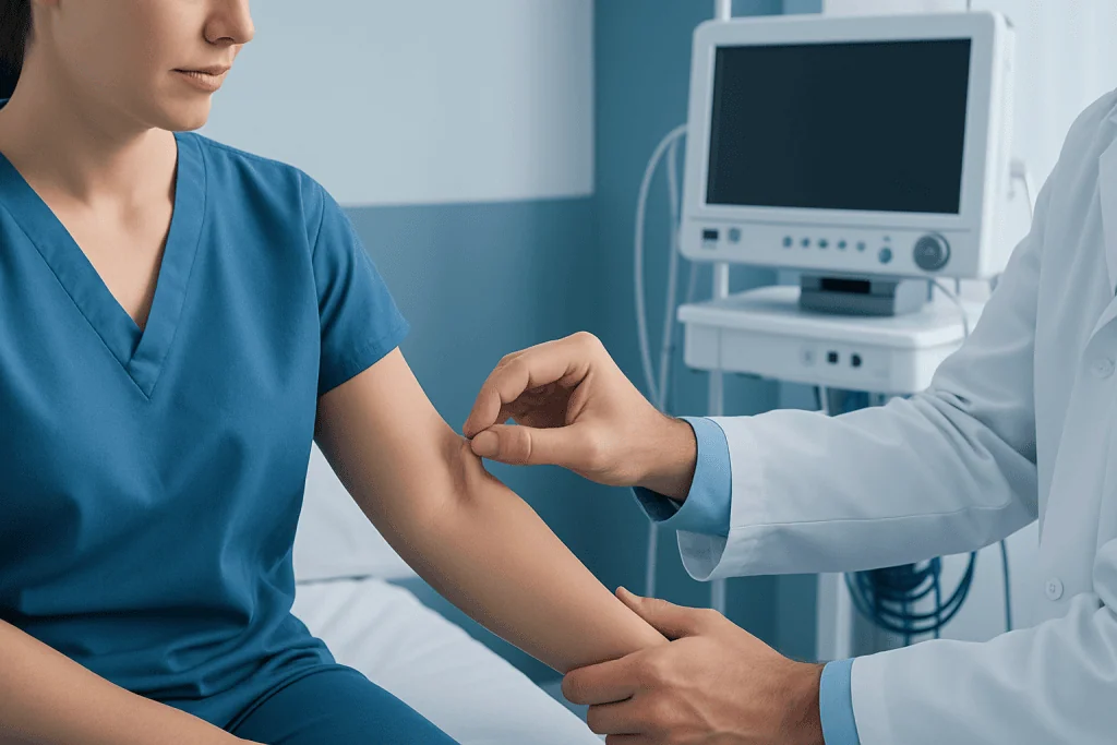 Doctor examining patient's arm in a medical setting at Acibadem Hospitals.