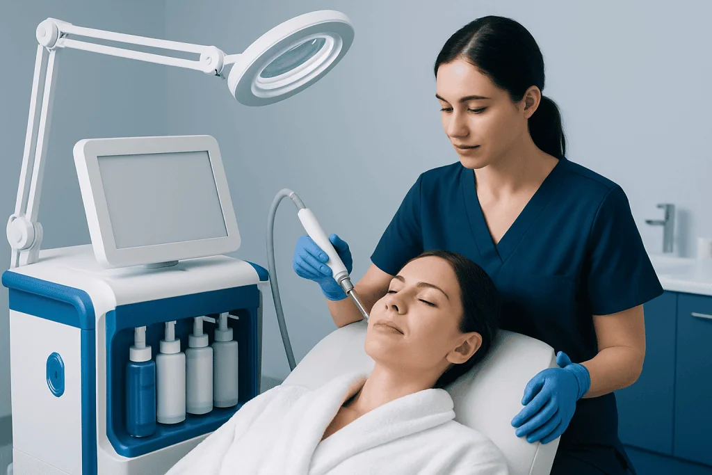 Skincare treatment performed by a healthcare professional in a clinical setting.