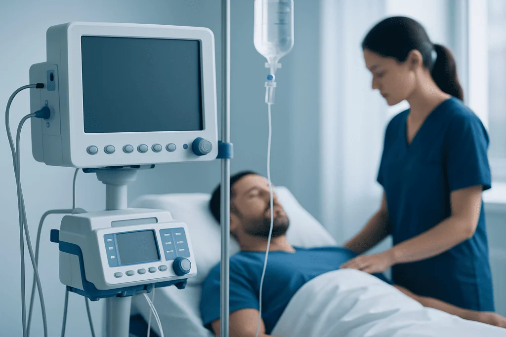Medical professional attending to a patient in hospital bed with monitoring equipment.