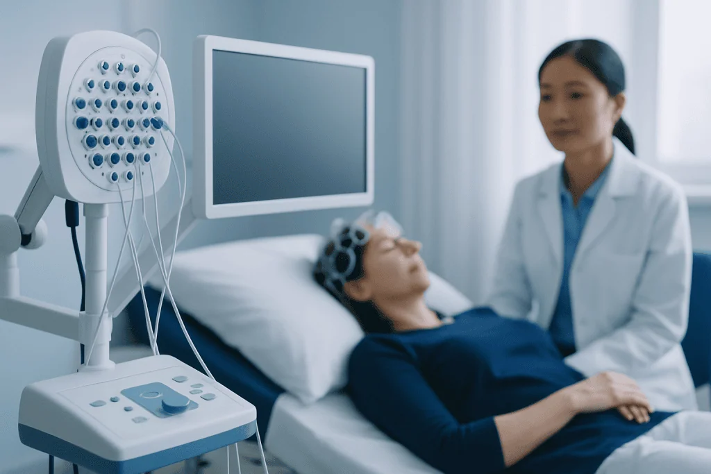 Patient undergoing sleep study with EEG monitoring at Acibadem Hospital.
