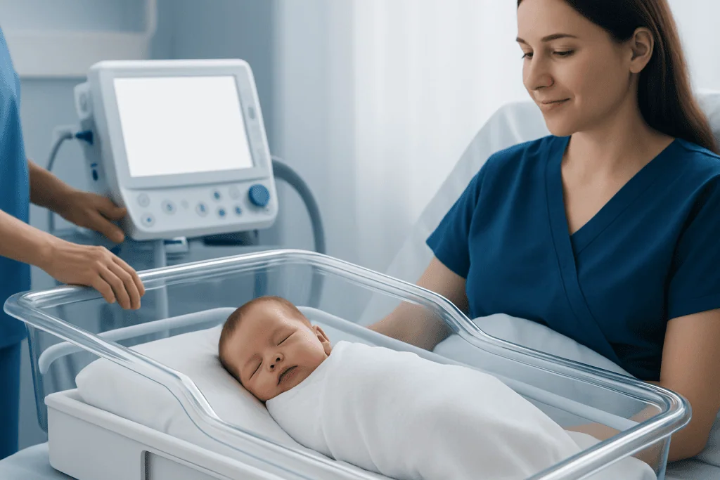 Newborn baby sleeping in incubator at Acibadem Hospital.