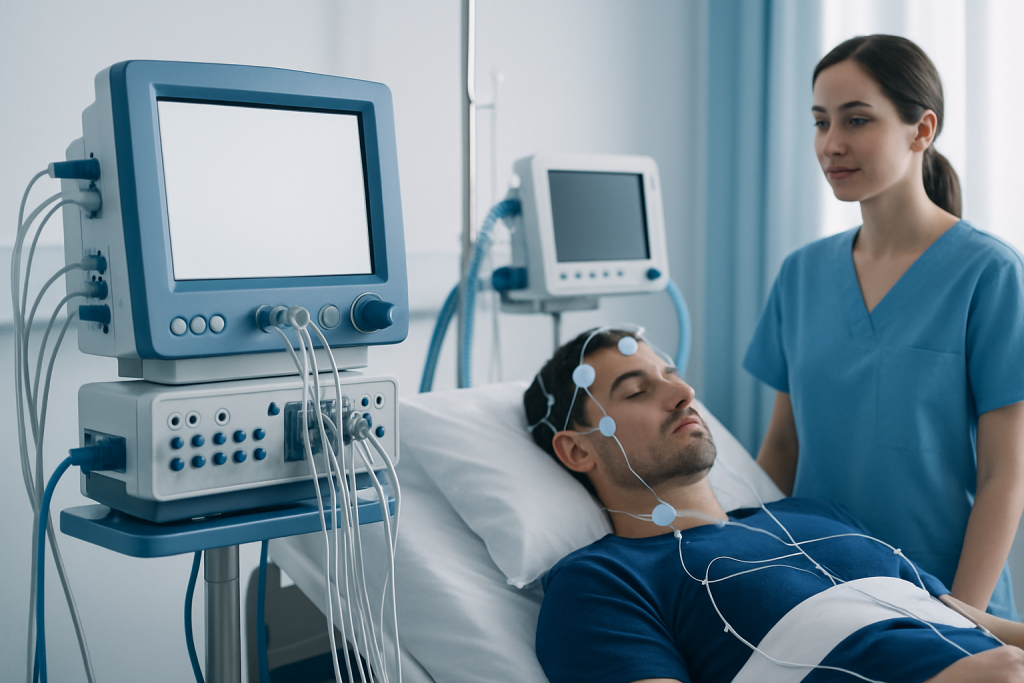 Patient undergoing sleep study with monitoring equipment in hospital.