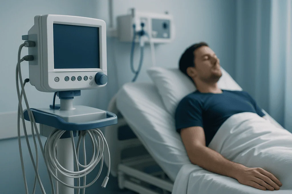 Patient resting in hospital bed with medical monitor nearby.