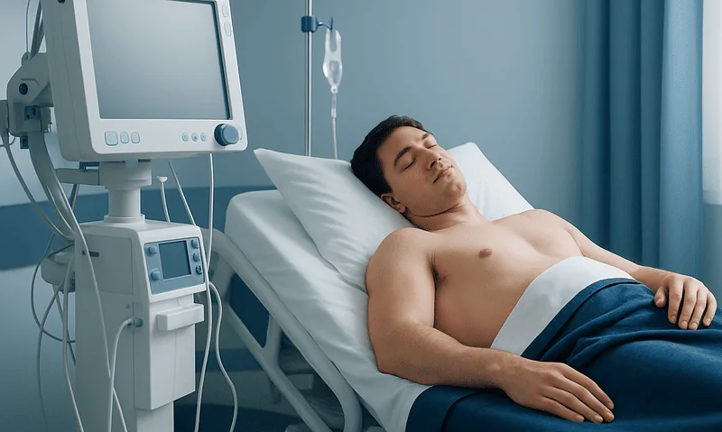Young man in hospital bed connected to medical monitoring equipment.