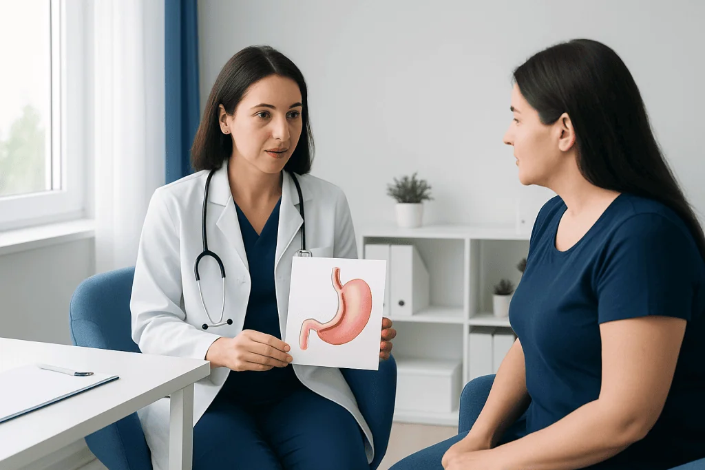 Doctor explaining stomach anatomy to patient during consultation.