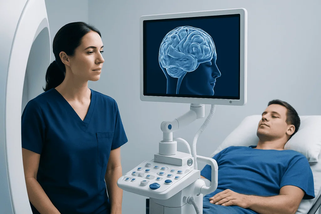 Medical professional monitoring brain scan of patient in hospital setting.