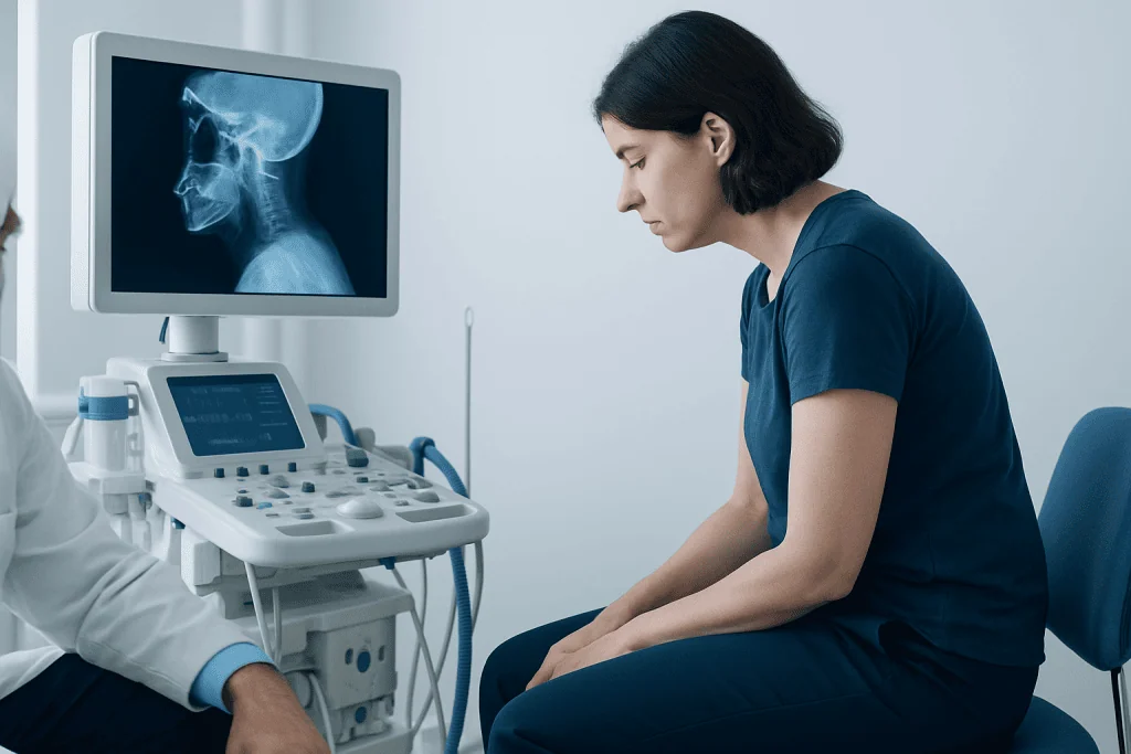 Woman undergoing a medical examination with an X-ray image of her neck displayed.