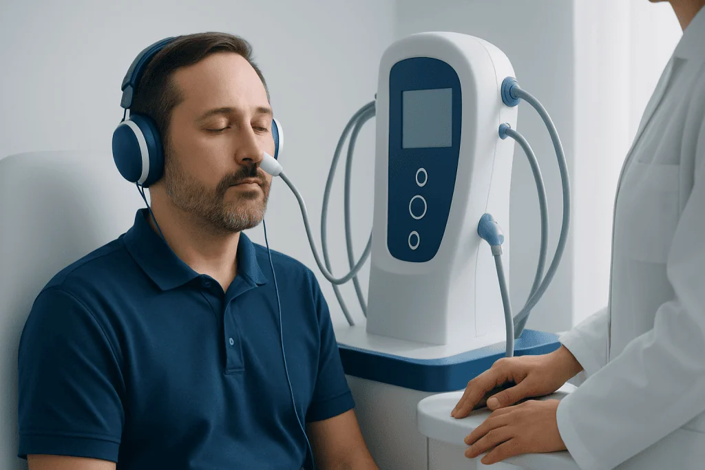 Patient undergoing a medical test with specialized equipment at Acibadem Hospitals.