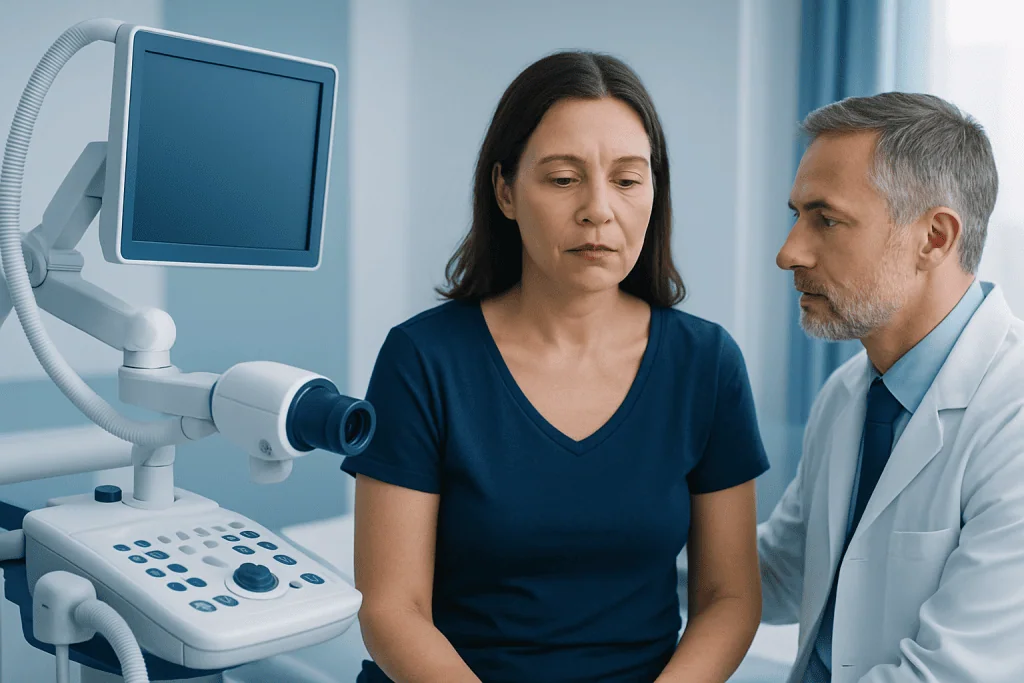 Doctor consulting with a patient in a medical examination room.
