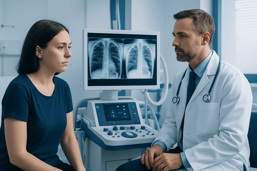 Doctor explaining lung X-ray results to a patient in a medical clinic.