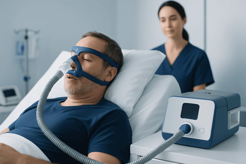 Patient undergoing sleep apnea treatment with CPAP machine at Acibadem Hospital.