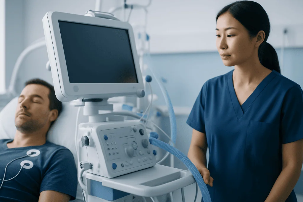Medical professional monitoring patient on ventilator in hospital.
