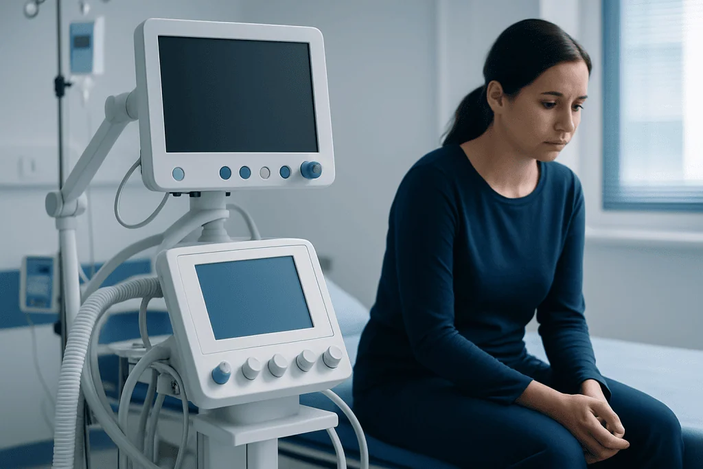 Young woman sitting in a medical examination room with monitoring equipment.