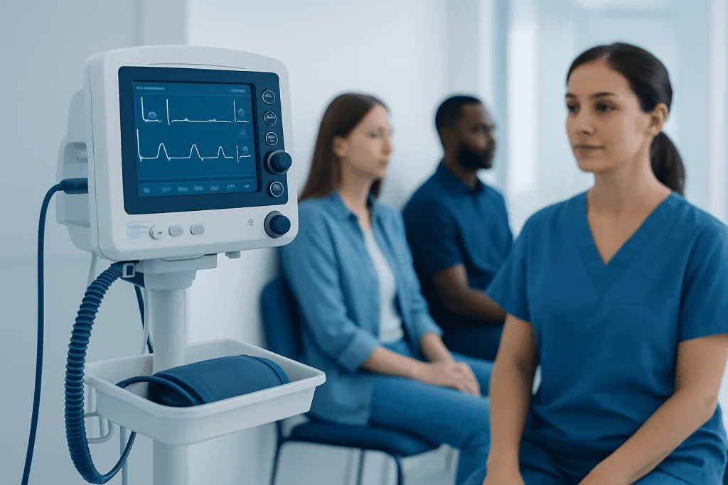Medical professionals in a hospital waiting area with heart monitor equipment.