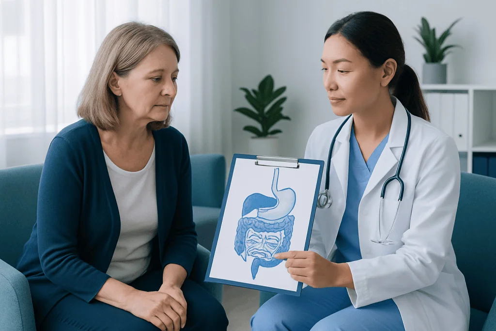 Doctor explains digestive system to a patient in a medical consultation.