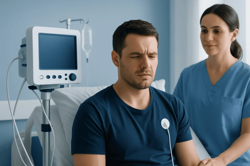 Patient experiencing pain during medical examination in hospital setting.
